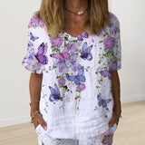 T-shirt En Coton Et Lin à Manches Courtes Et Col Rond à Fleurs Daisy