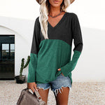 T-shirt décontracté à manches longues et col en V de couleur contrastée