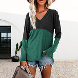 T-shirt décontracté à manches longues et col en V de couleur contrastée