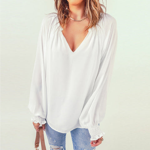 Chemise Décontractée en Mousseline de Soie à Manches Longues et à Col en V
