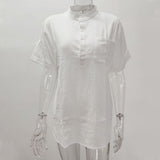 Chemise en Lin et Coton pour Hommes T-shirt Noir à Col Montant