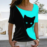 T-shirt chat noir à encolure diagonale