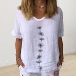 T-shirt En Coton Et Lin à Manches Courtes Et Col Rond à Fleurs Daisy