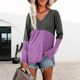T-shirt décontracté à manches longues et col en V de couleur contrastée