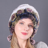 🎁Chapeaux en Vraie Fourrure de Lapin Rex Rayés à Fleurs Chaudes