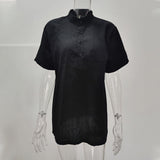 Chemise en Lin et Coton pour Hommes T-shirt Noir à Col Montant