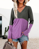 T-shirt décontracté à manches longues et col en V de couleur contrastée