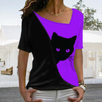 T-shirt chat noir à encolure diagonale