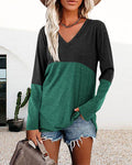 T-shirt décontracté à manches longues et col en V de couleur contrastée