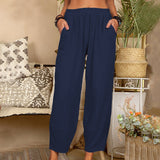 Pantalon décontracté en coton et lin de couleur unie