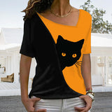 T-shirt chat noir à encolure diagonale