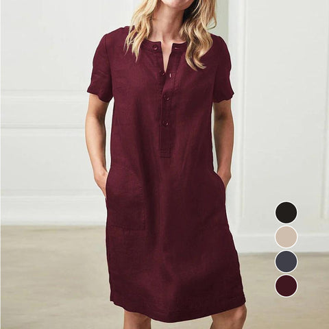 Robe ample en coton lin à manches courtes et col montant