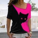 T-shirt chat noir à encolure diagonale