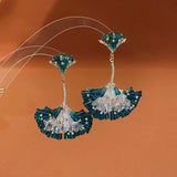 Boucles d'oreilles feuille de ginkgo en forme d'éventail en cristal incrusté de diamants