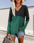 T-shirt décontracté à manches longues et col en V de couleur contrastée
