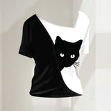 T-shirt chat noir à encolure diagonale