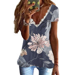 T-shirt imprimé à col en V en faux coton