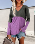 T-shirt décontracté à manches longues et col en V de couleur contrastée