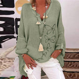 Chemise col V en coton et lin à imprimé papillons