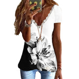 T-shirt imprimé à col en V en faux coton