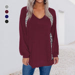 Pull Ample à Col en V et Coutures à Imprimé Léopard