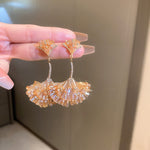 Boucles d'oreilles feuille de ginkgo en forme d'éventail en cristal incrusté de diamants