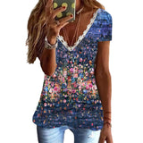 T-shirt imprimé à col en V en faux coton