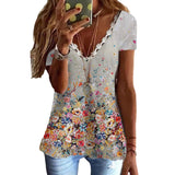 T-shirt imprimé à col en V en faux coton