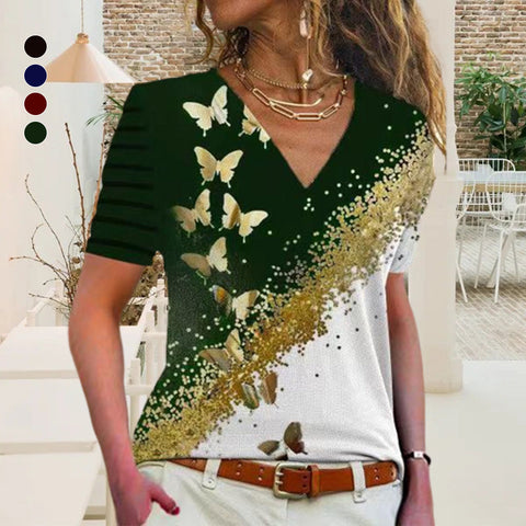 T-shirt à col en V et imprimé papillon
