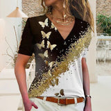 T-shirt à col en V et imprimé papillon