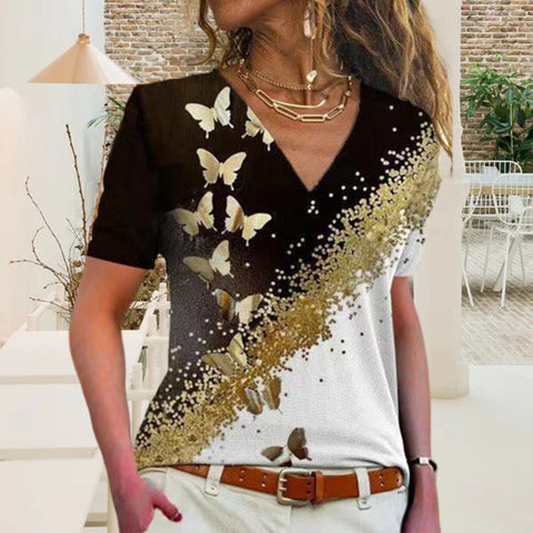 T-shirt à col en V et imprimé papillon