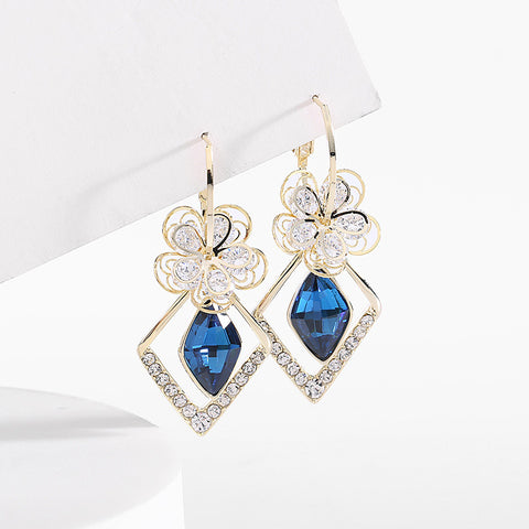 Boucles d'Oreilles Fleur Zircon Rhombique Saphir