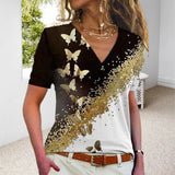 T-shirt à col en V et imprimé papillon