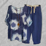 Ensemble deux pièces décontracté en coton et lin imprimé