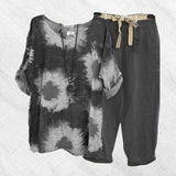 Ensemble deux pièces décontracté en coton et lin imprimé