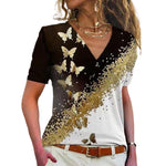 T-shirt à col en V et imprimé papillon