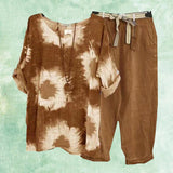 Ensemble deux pièces décontracté en coton et lin imprimé