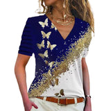 T-shirt à col en V et imprimé papillon