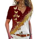 T-shirt à col en V et imprimé papillon