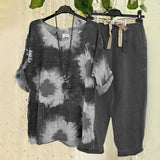 Ensemble deux pièces décontracté en coton et lin imprimé