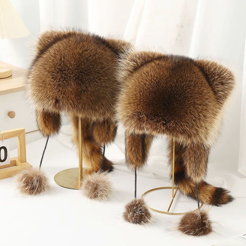 Mignon chapeau en peluche en fausse fourrure queue de raton laveur parents-enfants