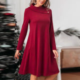 Robe de Noël de Couleur Unie avec Des Boutons Élégants