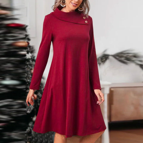 Robe de Noël de Couleur Unie avec Des Boutons Élégants