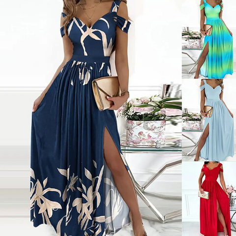 Robe fendue à encolure en V et épaules dénudées