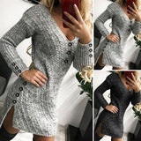 Robe Midi à Manches Longues Col en V Fendue