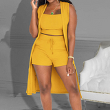Ensemble débardeur court et short côtelé 3PCS avec cardigan gilet