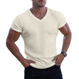 T-shirt en maille col V respirant de couleur unie