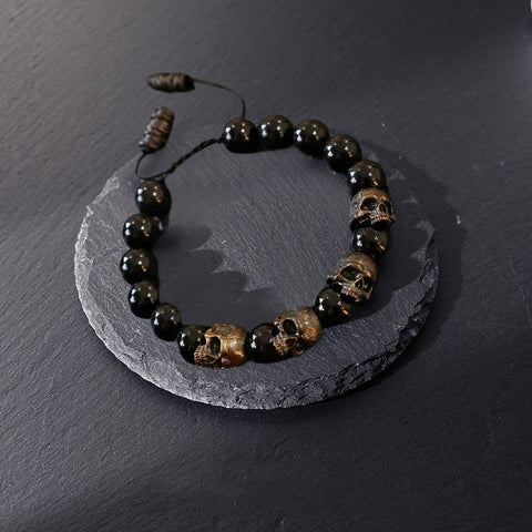 Bracelet de Perles d'Onyx de l'Armée du Crâne en Argent Sterling