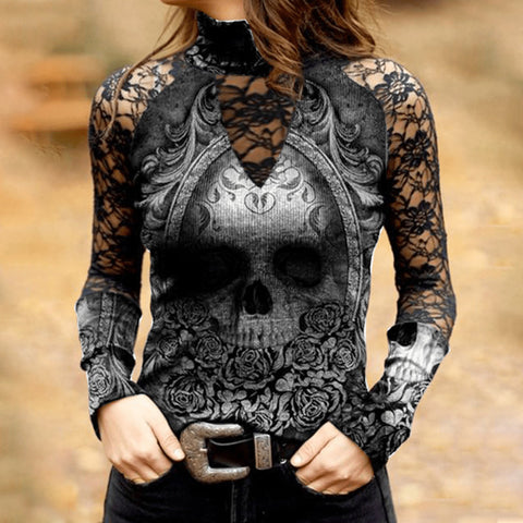 T-shirt en dentelle à imprimé tête de mort