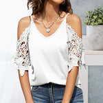T-shirt en dentelle à col V et épaules dénudées